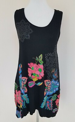 NWOT Desigual Womens Sleeveless Asymmetric Tunic Top Black Floral Scoop Size S