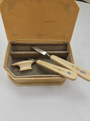 1920s Bakelite Celluloid Vanity Art Deco Manicure Set 3 Piece Ivory Painted Box