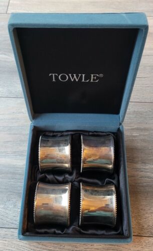 Vintage? Towle Silver Plated Beaded Napkin Rings No Monogram Set Of 4 GUC - Picture 1 of 3