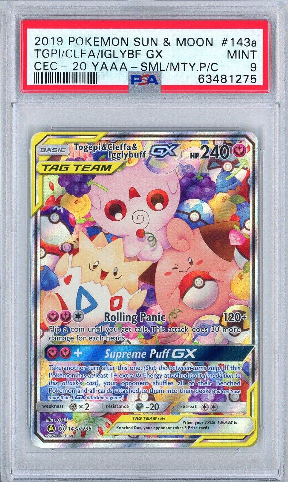 2019 Pokemon Sun & Moon Cosmic Eclipse Togepi Cleffa Igglybuff GX  143A PSA 9