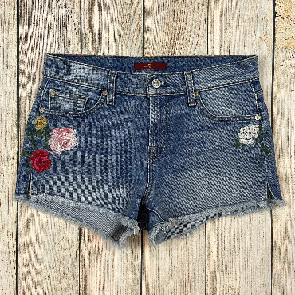 Pantalones Cortos de Jean 7 For All Mankind Cortados Elastizados Rosa Jardín Floral Bordado 26 Foto 2 de 4