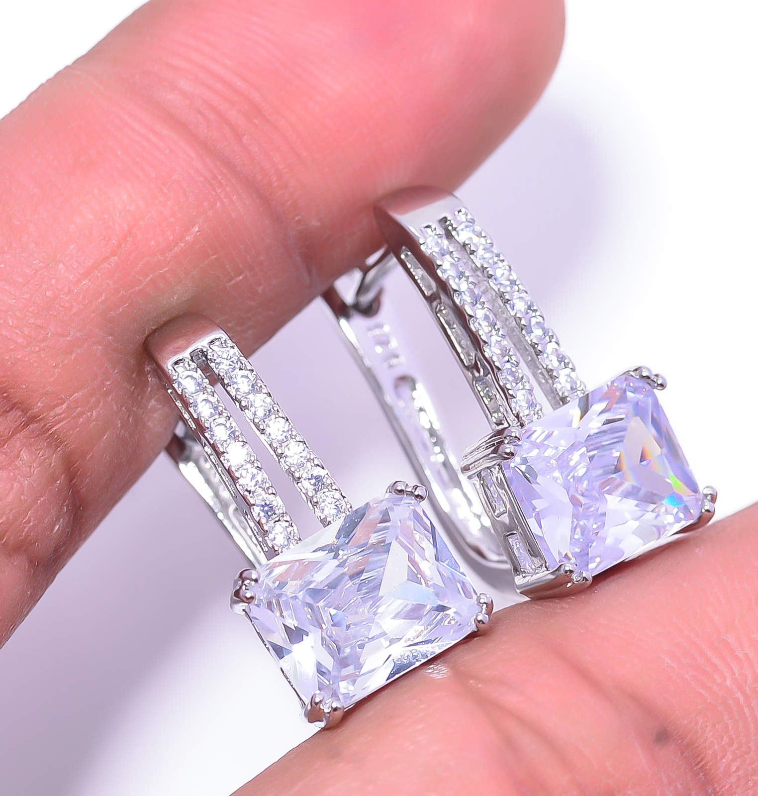 White Topaz and CZ Sterling Silver Handmade Dangle Earrings 0.86 Inch