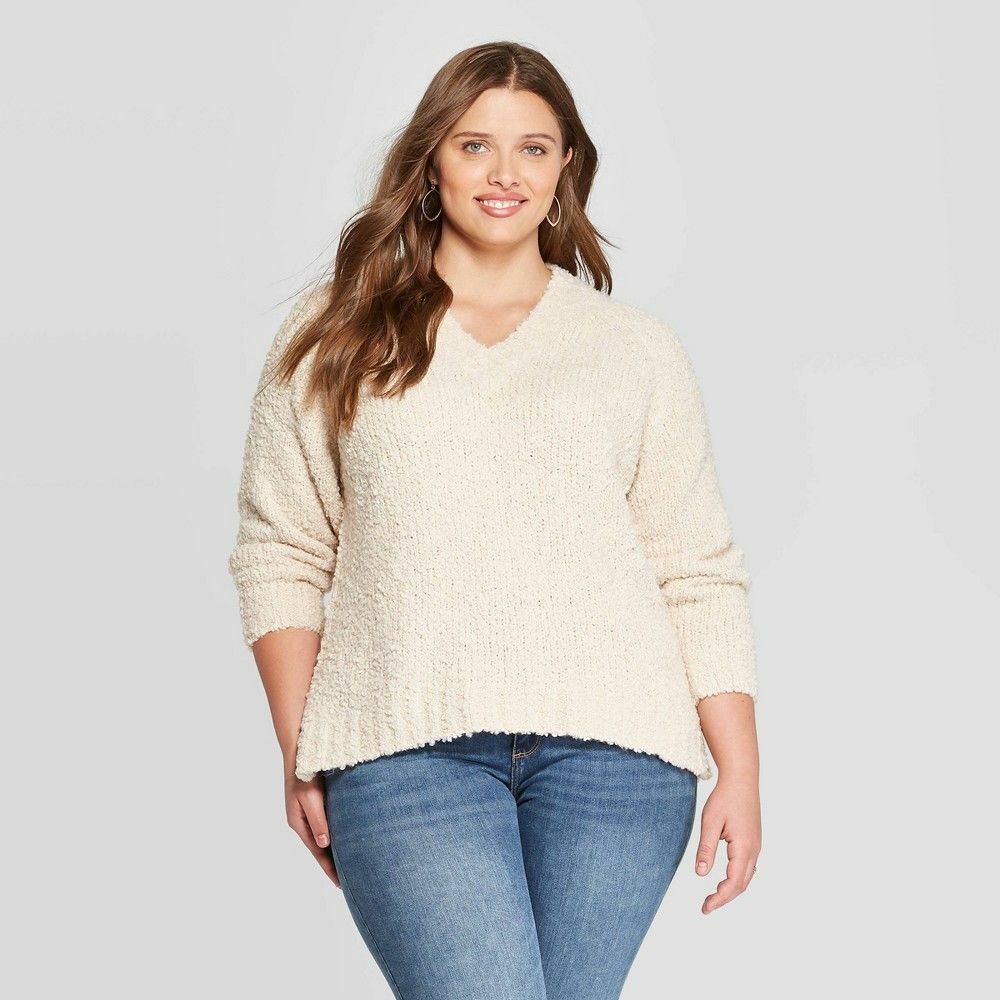 Womens Plus Size V Neck Sweater Cream 
