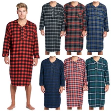 Ashford & Brooks Mens Flannel Plaid Long Sleep Shirt Henley Nightshirt Nightgown