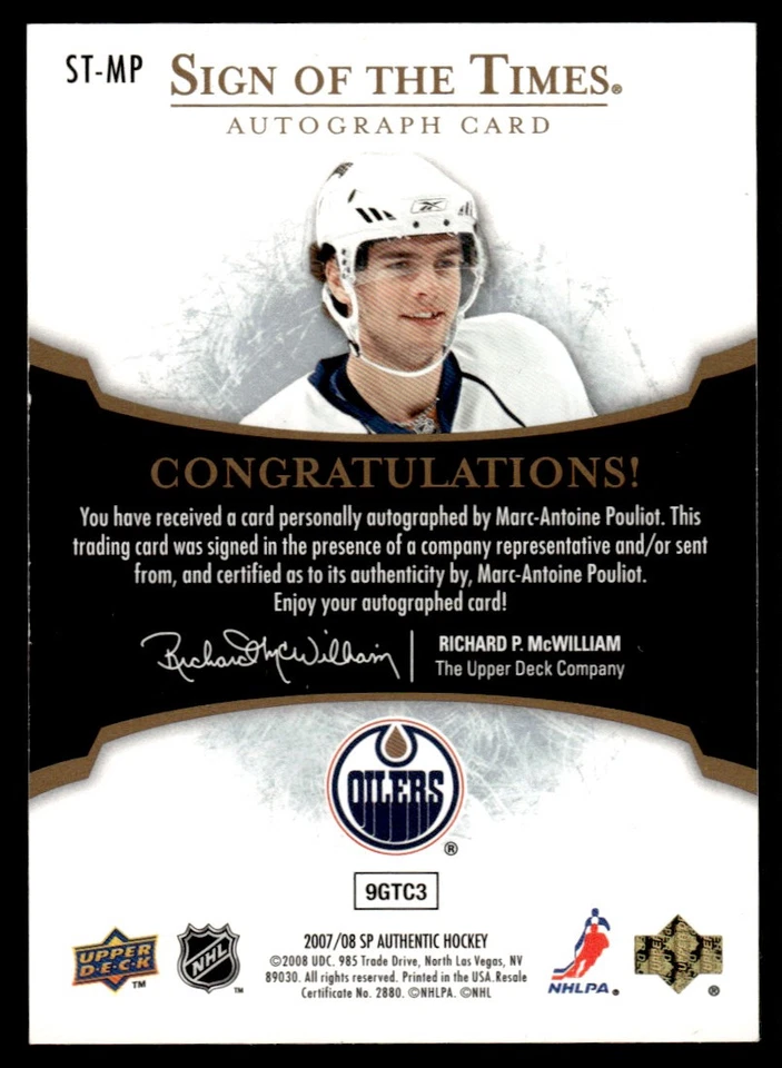 2007-08 Upper deck SP Authentic Marc Antoine Pouliot Auto Edmonton Oilers #ST-MP - Image 2 of 2