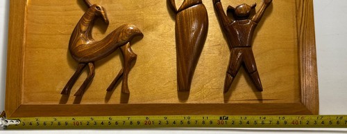 Vintage Holz geschnitzt auf Holz MCM Wandkunst Mutter Kind Hirsch Sonne Intarsien 17x13" OOAK - Bild 7 von 11