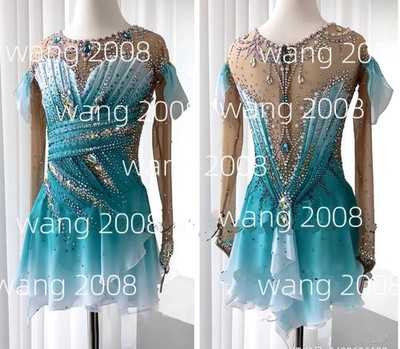 Ice Figure Skating Dress Rhythmic Gymnastics Twirling Competition blue dyeing