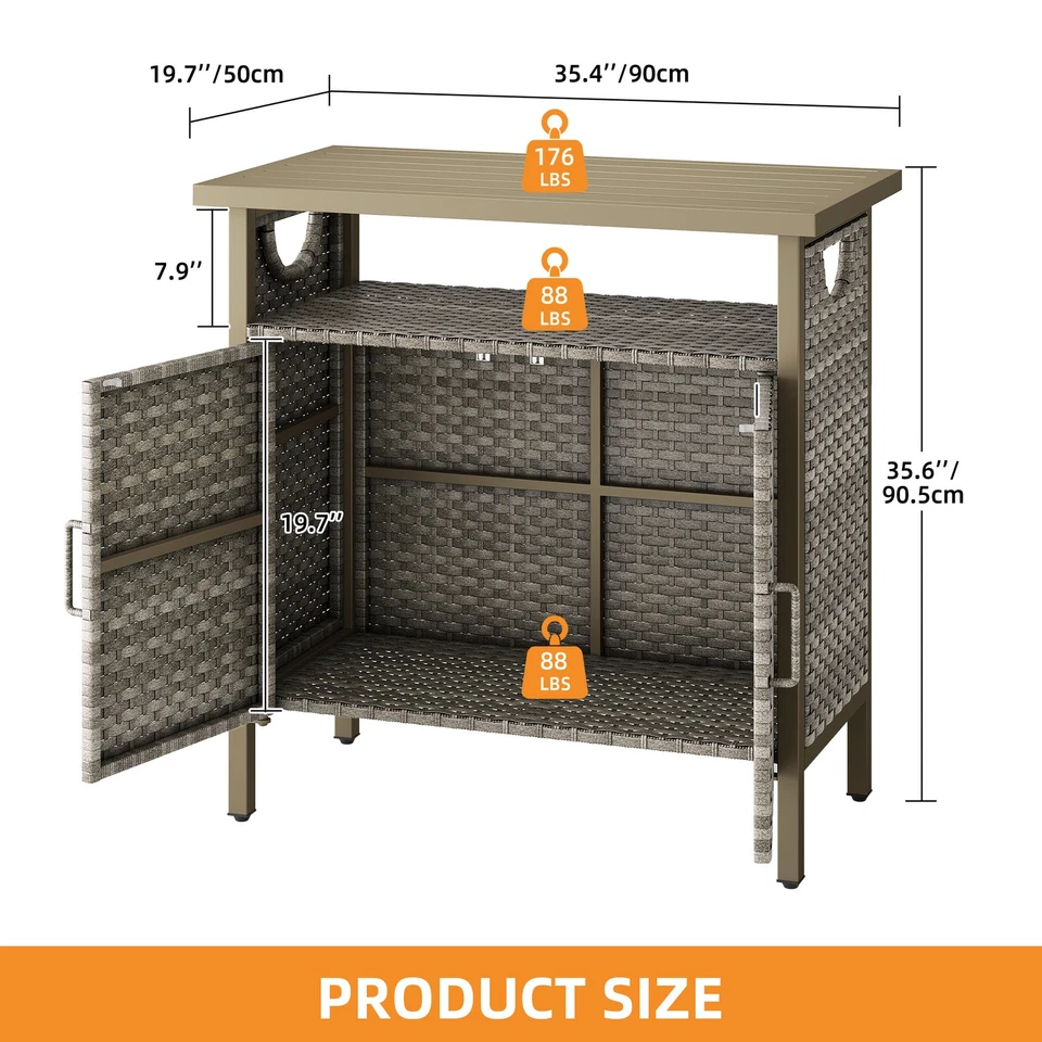 Mesa de Bar Exterior Marrón Patio Armario de Almacenamiento PE Aparador de Ratán con Dos Puertas Foto 2 de 4