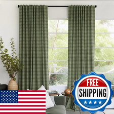 Ryb Home Moss Green Plaid Curtains For Living Room Dining Room Linen Blend