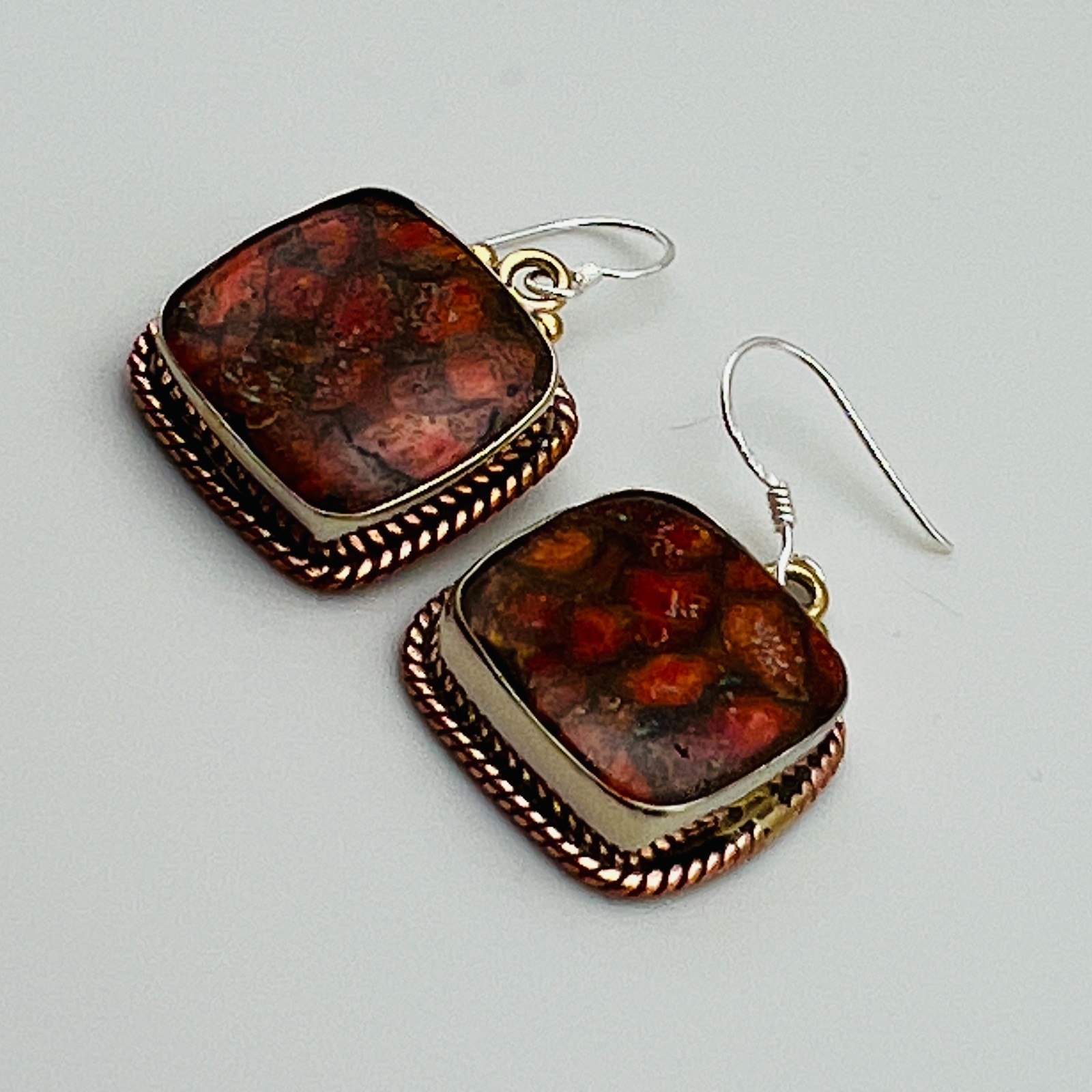 Dangle Earrings Square Jasper Stone Two Tone Pier… - image 7