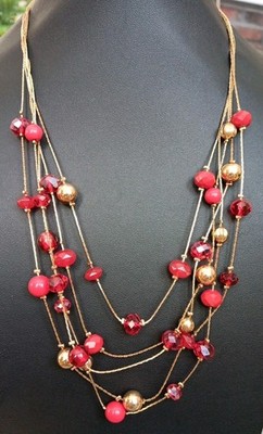 Multi-strand red and gold, Glass Metal & Resin beaded illusion necklace, 20''