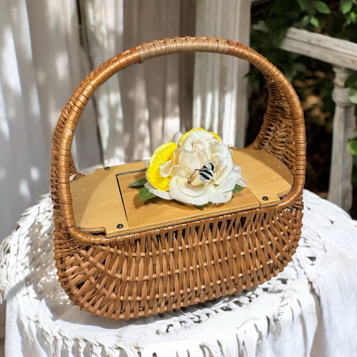 バスケット Vintage Purse Cute Woven Wicker Picnic Basket Handbag Floral Tote