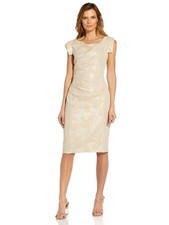 Adrianna Papell Women Cap Sleeve Stretch Leaf Jacquard Cocktail Dress, Champagne