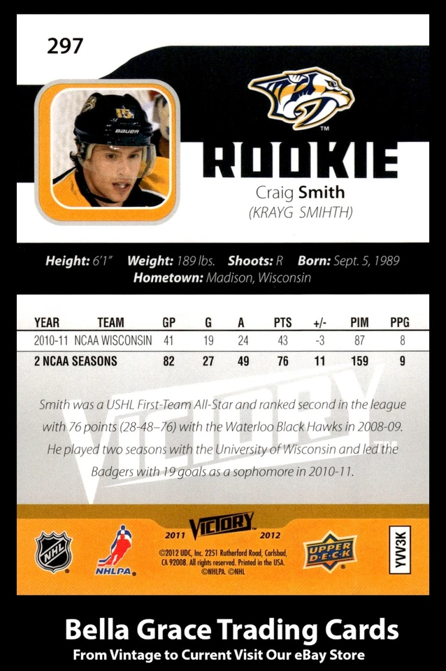 2011-12 Upper Deck Craig Smith #297 Nashville Predators Rookie NHL Hockey - Image 2 of 2