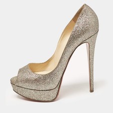 Christian Louboutin Gold Glitter Lady Peep Toe Platform Pumps Size 385