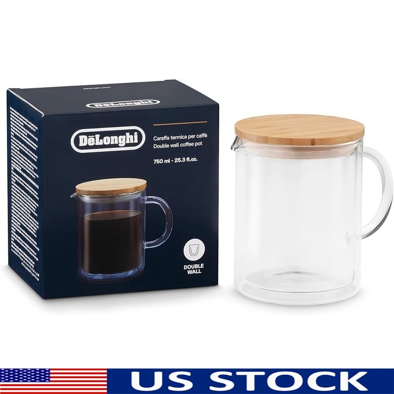 Double Wall Glass Coffee Pot W/ Bamboo Lid Dishwasher Safe 25oz Thermal Carafe