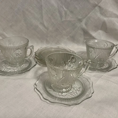3Set Vintage Jeannette Glass Iris & Herringbone Depression Cups & Saucers w/xtra