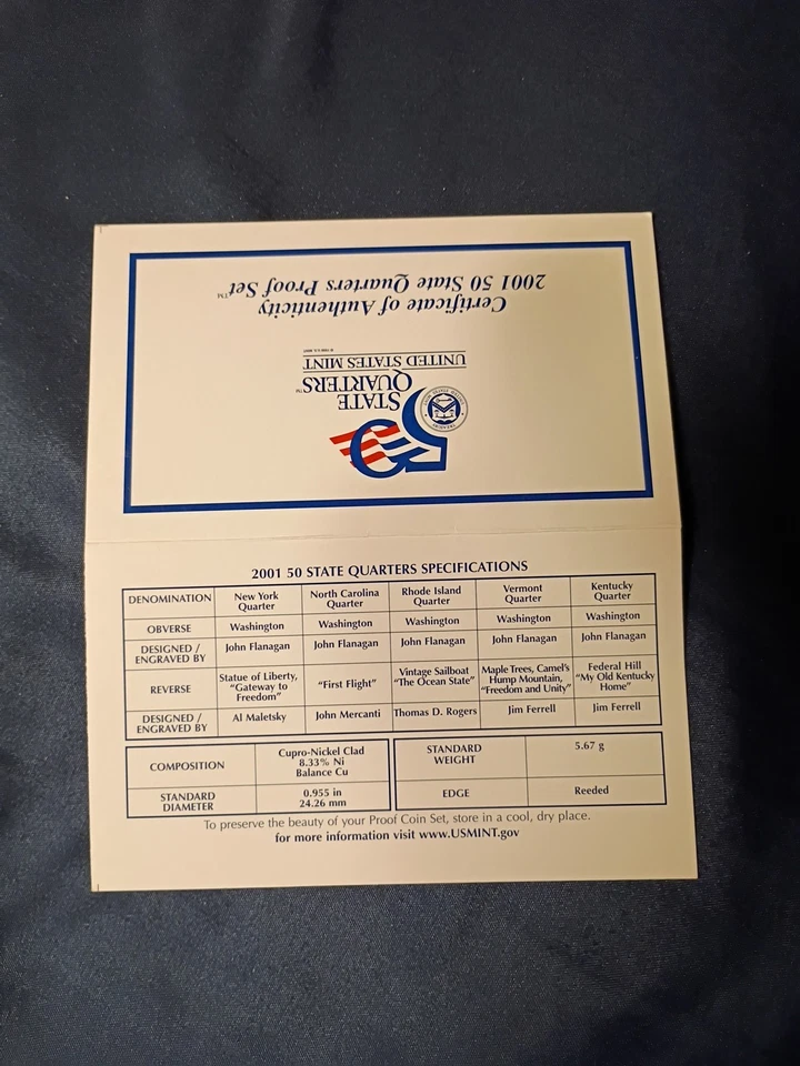 2001-S 50 State Quarters Proof Set WITH BOX & COA US Mint -NY, NC, RI, VT, KY - Image 4 of 4