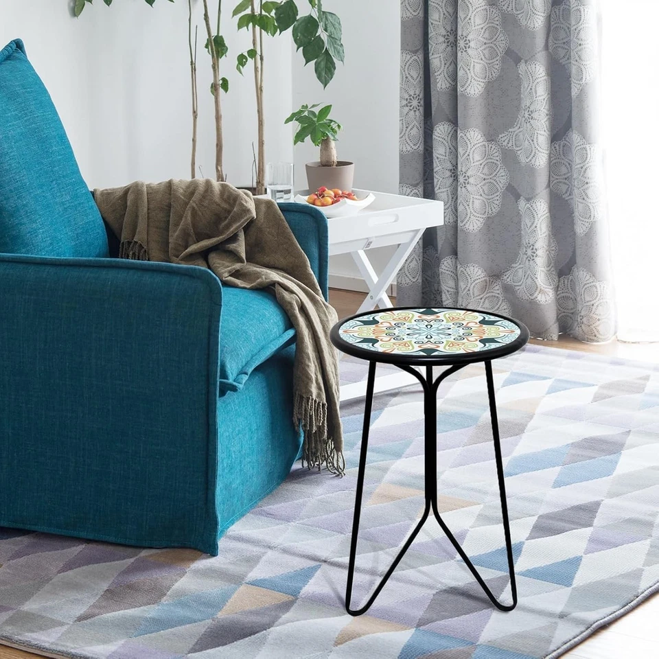 Mesa auxiliar de patio, mesa auxiliar de metal exterior de 12" con tapa de cristal, interior redonda A... Foto 3 de 4