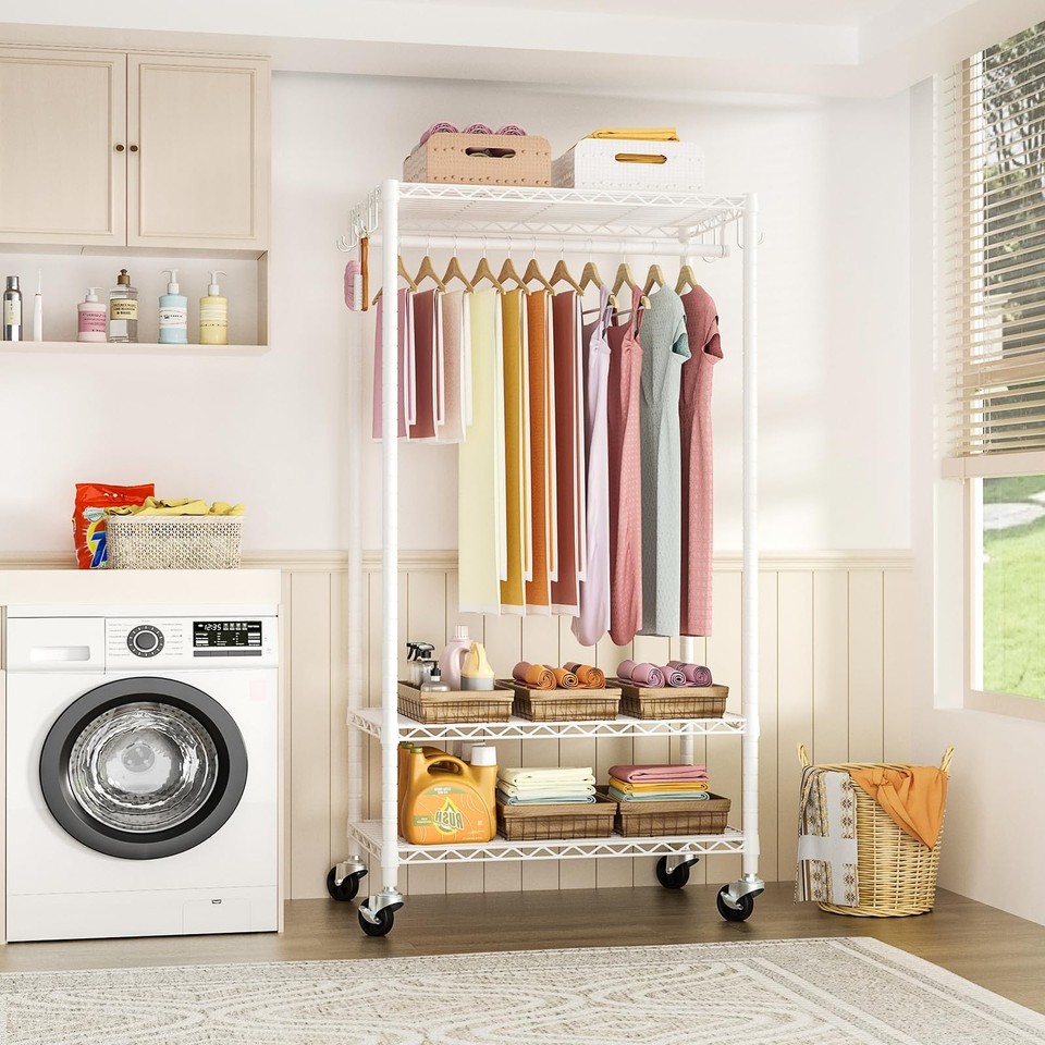 Rolling Clothes Rack, Clothing Racks for Hanging Clothes, White | eBay