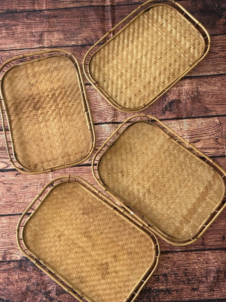 Vintage Mid Century Wicker Rattan Bamboo Serving Trays Tiki Lap Stacking- 4 - Image 4 of 4