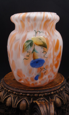 Antique Victorian Harrach Cased Opal Peach BLUE MORNING GLORY Glass Vase