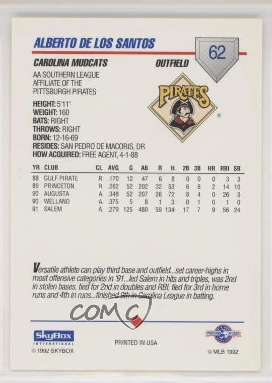 1992 SkyBox Pre-Rookie AA Packs Alberto De Los Santos #62 - Image 2 of 2