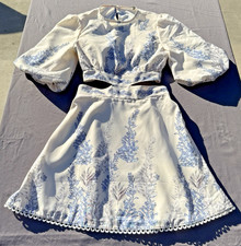 Ivory Blue Floral Lantern Sleeve Dress Medium Cut Out Tie Back Poet-Core