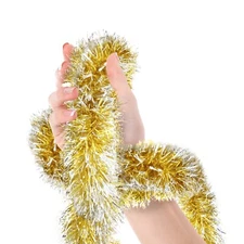 Christmas Gold Frost Tip Tinsel Garland Gold White Edge Metallic Streamers 18 ft