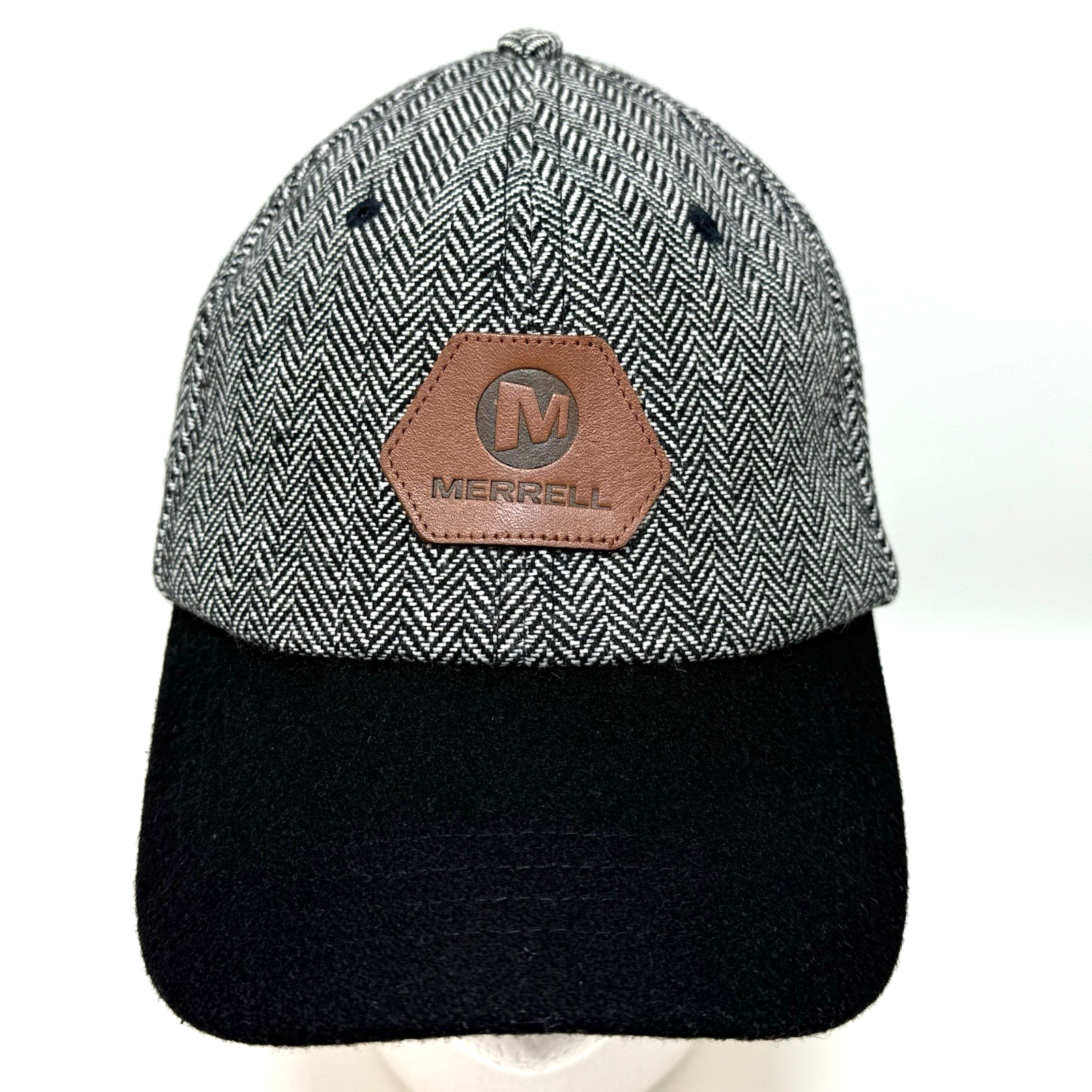 Cappello Berretto Merrell Spina di Pesce Misto Lana Tesa Nera Pelle Patch Regolabile