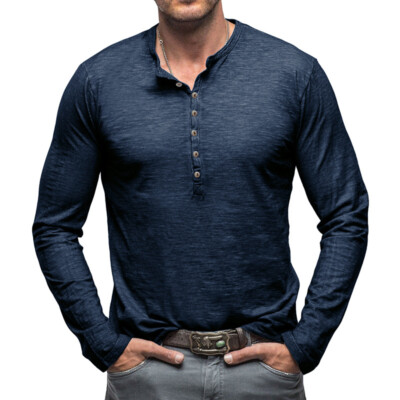 Men's Cotton Henley Shirt Retro Long Sleeve T-shirt Button Wash V-neck Tops