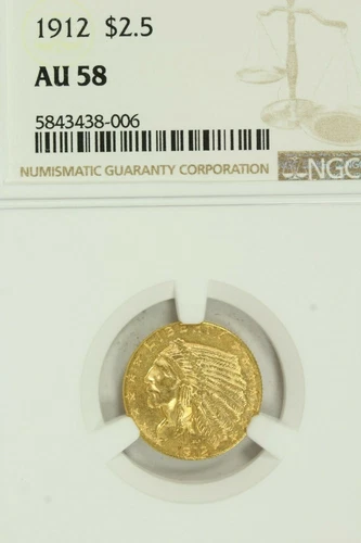 1912 $2.50 Gold Indian Quarter Eagle : NGC AU58
