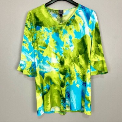 Clara Sun Woo Fluted Cuff Tunic Top Women s Size M Abstract Art to Wear V-Neck