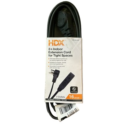 HDX 8 ft. Light Duty Indoor Extension Cord, Flat Pug - Black