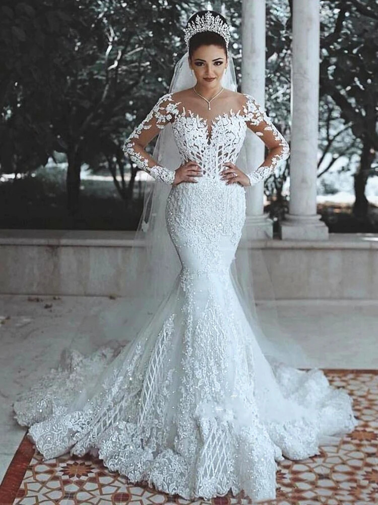 Sparkly Lace Wedding Dress Mermaid Illusion Bodice vestido de noiva Long Sleeve | eBay Sparkly Lace Wedding Dress Mermaid Illusion Bodice vestido de noiva Long Sleeve | eBay