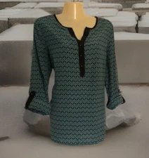 Roll Tab Sleeve Popover Blouse Size Medium Geometric Teal Green Print Black Trim