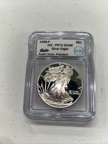 1998 p american silver eagle proof ICG PR70dcam Austin Hutto Signed