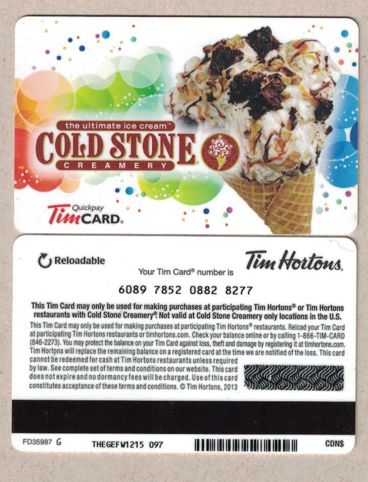 Tim Hortons 2013 Cold Stone Gift Card FD35987 s/n 6089 eBay