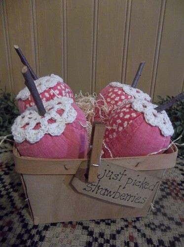 Primitive Handmade Antique Cutter Quilt Strawberries in Wood Berry Basket