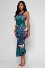 Navy Blue Tropical Print Maxi Dress Size Small Racerback Summer Travel 