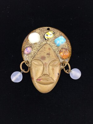 Vintage Elzac? Metal Pendant 40's Genie Mask Glass Stone Inlay