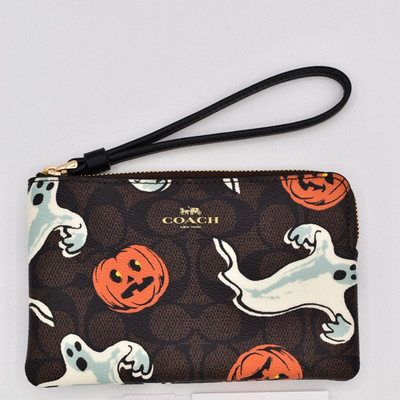 Coach Corner Zip Wristlet In Signature Canvas With Halloween Print