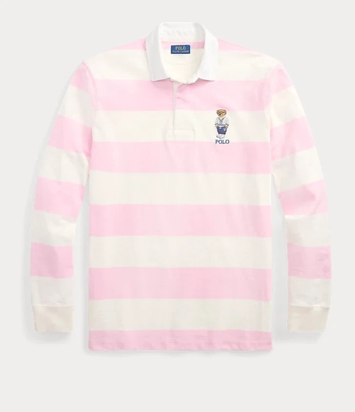 Polo Ralph Lauren Shirt Mens Medium Bear Preppy Rugby Pink Stripe Tennis Club