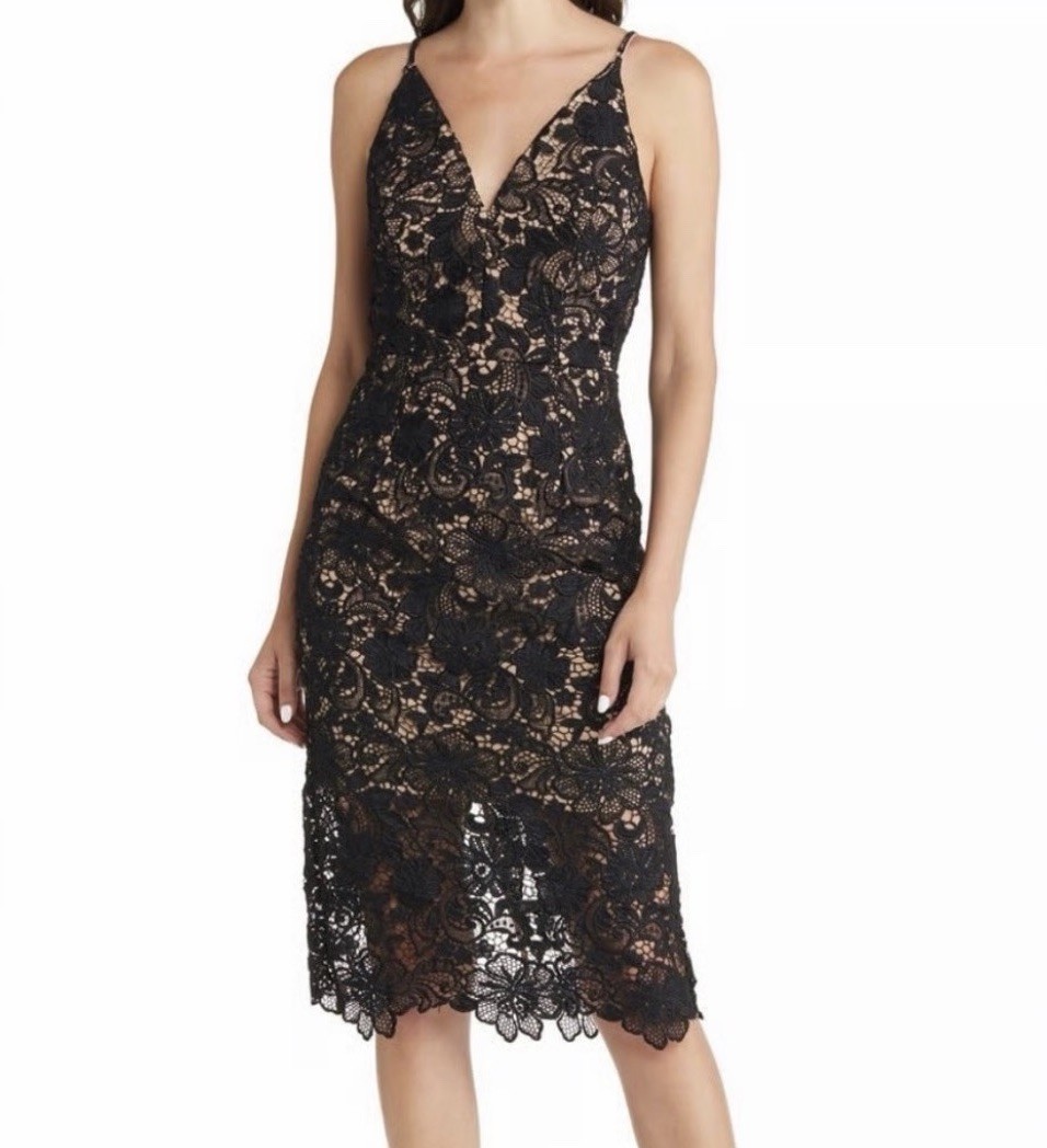Dress The Population Aurora Lace Sheath Dress in Black at Nordstrom, Size Large