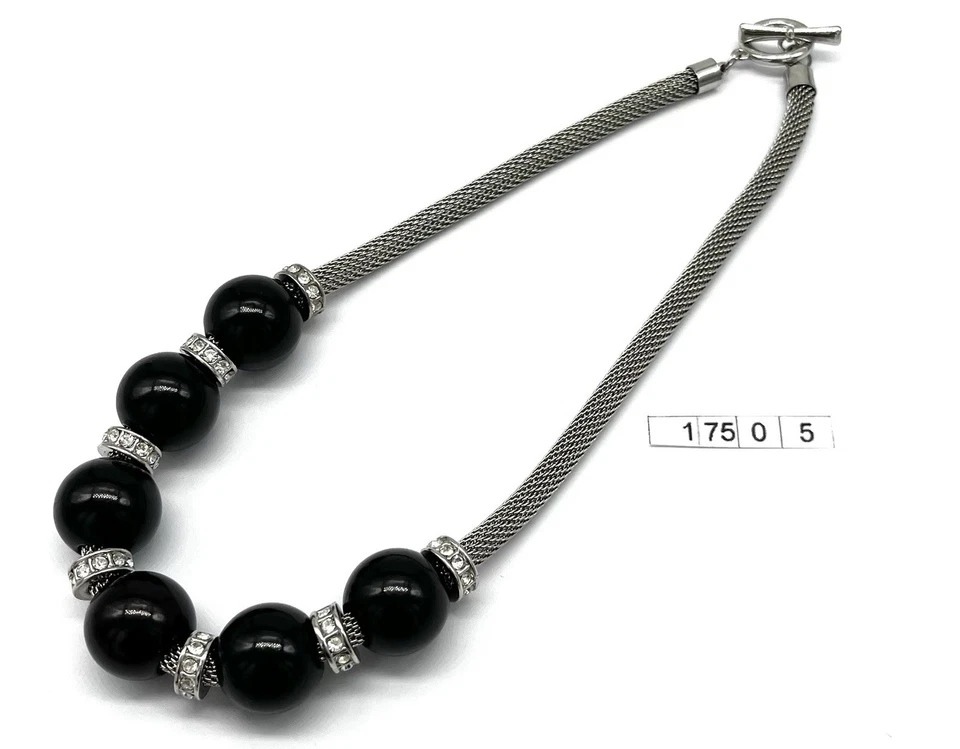 Modeschmuck Collier, Schwarze Kugeln, simulierte Diamanten, 45 cm lang - Bild 2 von 2