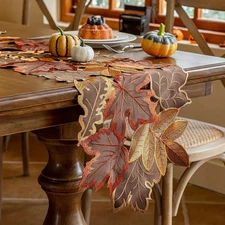 1pc Maple Leaf Embroidered Table Runner Flocked Brown Maple Design Table Runner