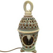 Vintage Ceramic Table Lamp Ornate Pattern with Blue Accents Boho- TESTED 