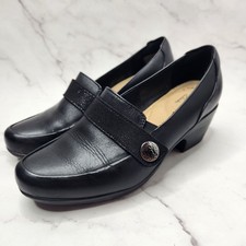 Clarks Collection Andria Black Leather Loafers Heeled Shoes Slip-On Women's 6