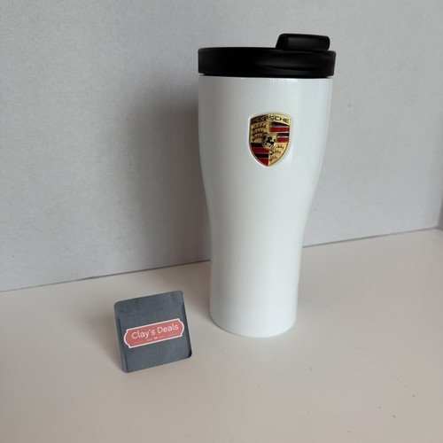 PORSCHE Thermo Mug Travel Coffee Tumbler w/ Lid WHITE Official 3D Emblem Crest
