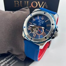 Bulova Marine Star Men's Automatic Watch Blue Dial Silicone Strap 98A282 45 mm